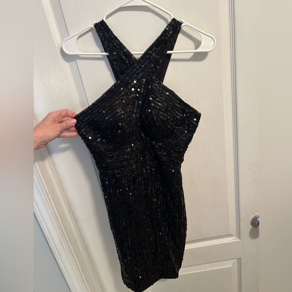 Gorgeous black fully beaded front cross dress size 8 EUC